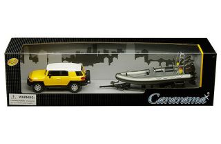 Boxdamaged Toyota Fj Cruiser W/speed Boat & Trailer Yellow 1/43 Cararama 48115