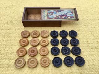 Antique C.  1910 Wooden Boxed Set Of 24 German Draughts Checkers Made In Bavaria