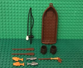Lego Reddish Brown Rowing Boat W/ Moc Fishing Rod,  Oars,  Fishes,  Barrels,  Fire Torch