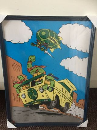 Vintage Teenage Mutant Ninja Turtles Tmnt Framed Picture Art Turtle Van & Blimp