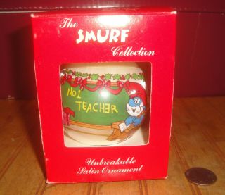Vintage 1982 Smurfs Merry Christmas Satin Ball Ornament Papa Smurf Brainy