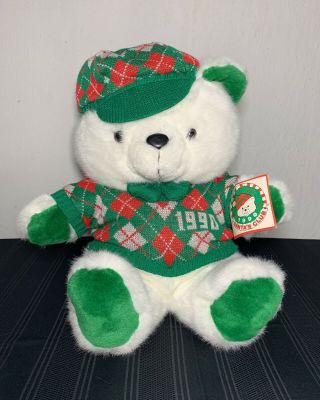 Vintage K - Mart 1990 Christmas White Teddy Bear “16 Stuffed Plush Plaid