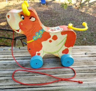 Vintage 1960s Fisher Price Bossy Bell Cow Bull Childs Pull Toy Old Estate Find