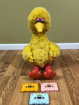 Vtg 1986 Ideal® Big Bird Story Magic Plush Cassette Player W/ 3 Tapes And Stand