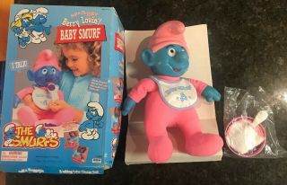 Vintage 1996 Irwin Berry Lovin Baby Smurf Color Changing Talking Doll Box Bowl