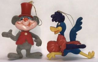 Vintage Warner Brothers Merlin The Magic Mouse & Roadrunner Flocked Ornaments