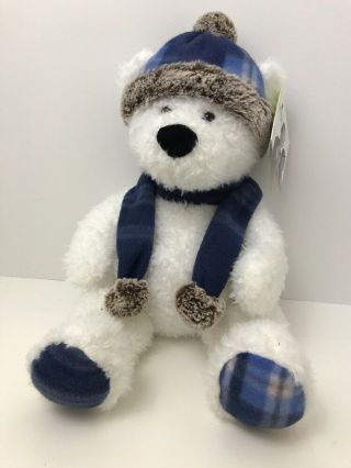 St Judes Gentle Treasures 18 " White Polar Bear Plush Blue Plaid Scarf Hat