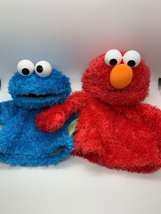 Gund 10 " Cookie Monster And Elmo Hand Puppet Blue Plush Sesame Street 2003