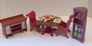 Fisher Price Loving Family Dining Room Set Table Chairs Buffet Bookshelf Trays