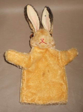 C1965 Vintage Steiff Bunny Rabbit Mohair Puppet With Metal Ear Button