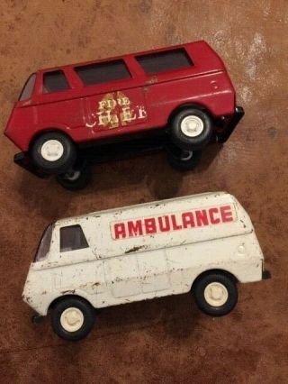 2 Vintage Toys Cars Trucks Fire Chief Ambulance Van Tonka
