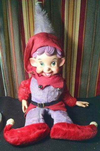 Rushton Rubber Face Elf Doll Vintage Christmas Toy 60s 15” Purple Hair