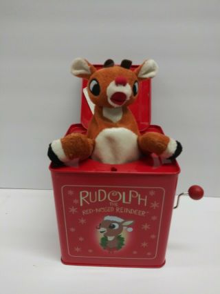 Rudolph The Red Nosed Reindeer Musical Jack In The Box Toy Metal Plush