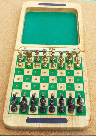 Chess Set In Wooden Case With Metal Peaces.  Games Travel.