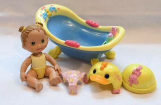 Fisher Price Snap N Style Baby Doll Brown Hair Bath Tub Outfit Duck Hat