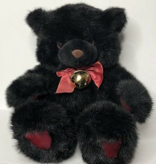Vintage Lemonwood Asia Ltd Black Plush Stuffed Teddy Bear With Red Bow And Bell