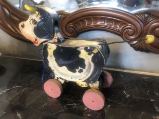 Vintage 1958 Fisher Price Moo Cow Wooden Pull Toy Model 155