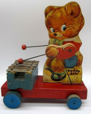 Vintage Fisher Price Wooden Pull Toy Teddy Bear Zilo Xylophone 777