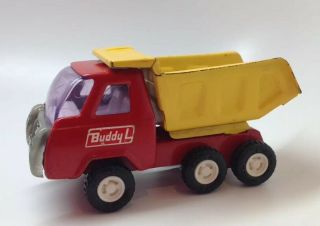 Vintage Buddy L Mini Pressed Metal Red & Yellow Dump Truck Japan 5.  25 "
