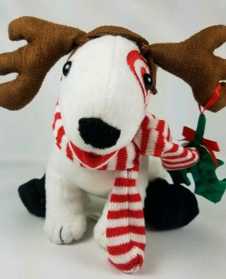 Target Bullseye Plush Dog 2009 Christmas Reindeer Ears Mistletoe Red White Scarf