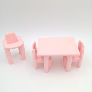 Vtg Playskool Plastic Doll House Size Pink Table With High Chair And 2 Chairs