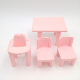 Vtg Playskool Plastic Doll House Size Pink Table with High Chair and 2 Chairs 2