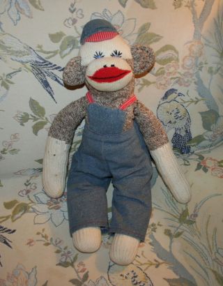 Vintage Sock Monkey Handmade Folk Art Doll W/ Denim Overalls Cap Red Lips