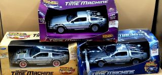 3 Welly - Back To The Future - Delorean Time Machine - All 3 Diecast Metal 1:24