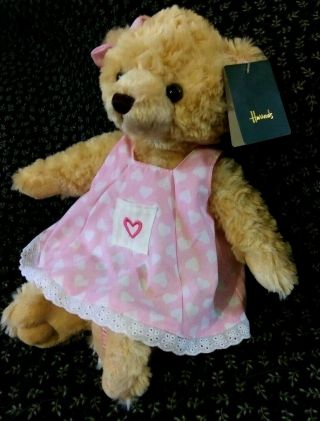 Harrods Teddy Bear W/ Pink Bow & Dress 13 " Tall - -