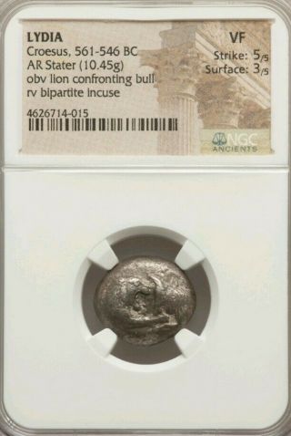 Lydia,  Croesus Stater Lion Vs Bull Ngc Vf 5/3 Ancient Silver Coin