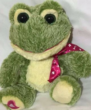 Kellytoy Plush 9 " Green Sitting Frog Soft Stuffed Toy Love Heart Ribbon