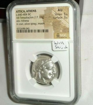 Attica Athens Silver Coin 440 - 404 Bc Ar Tetradrachm Athena Owl Ngc Au Strike 5/5
