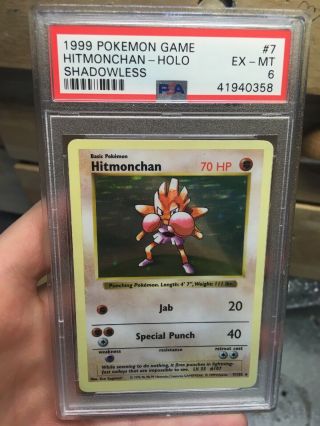 Hitmonchan 7/102 Shadowless Holo Rare Base Set Pokemon Card Psa 6 Ex - Mt