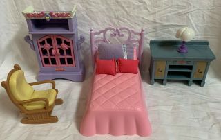 Loving Family Dollhouse Furniture Bedroom Pink Twin Bed,  Purple Closet,  Rocker