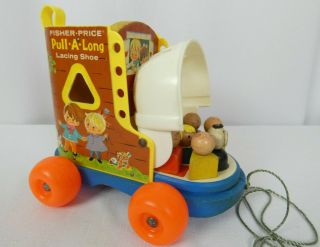 Vintage 1970s Fisher Price Pull Along Lacing Shoe Includes Little People