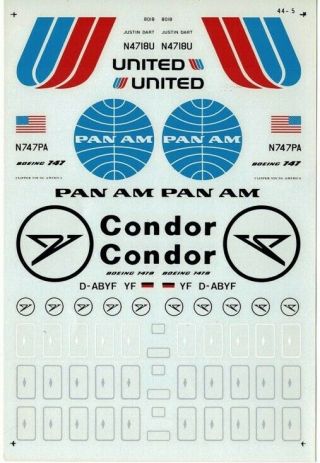 1/144 Microscle Decals 44 - 5; Boeing 747 Pan Am,  United,  Condor