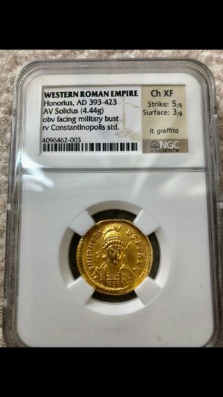 Honorius,  AD 393 - 423 WESTERN ROMAN EMPIRE AV Solidus Gold Coin NGC CH Extra Fine 3