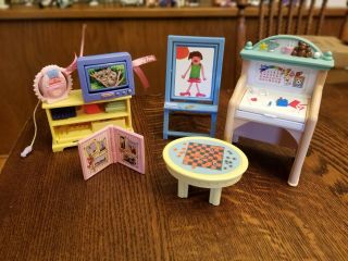 Fisher Price Loving Family Dollhouse Furniture Playroom - Desk,  Easel,  Tv Radio