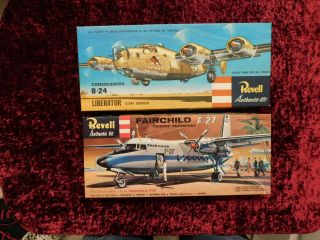 2 Vintage Model Airplane Kit Boxes - B - 24 And F - 27 - Instructions - Some Parts