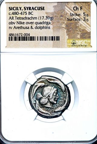 480 - 475 BC Greek Sicily Syracuse AR Tetradrachm Coin NGC Choice F 5/5 3/5 3