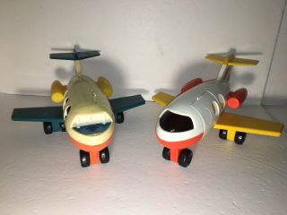 2 Vintage Fisher - Price Little People Jet Planes 1980 Blue Yellow & Orange Yellow