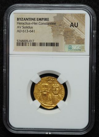 Heraclius,  with Heraclius Constantine.  AD 610 - 641.  Gold solidus,  NGC AU 2