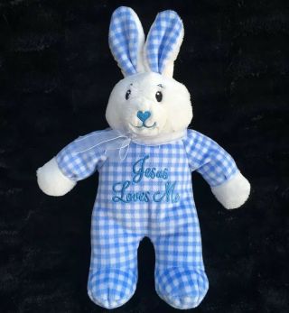 Dan Dee Jesus Loves Me Bunny Plush Rabbit 11 " Singing Blue White Plaid Easter
