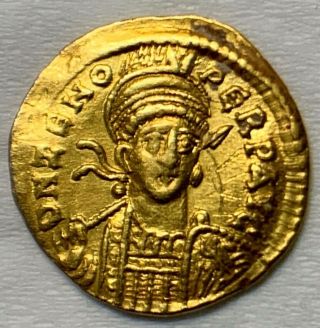 Ancient Roman Gold Coin Of Zeno; Solidus; 2nd Reign,  476 - 491 Ad.  Scarce Coin