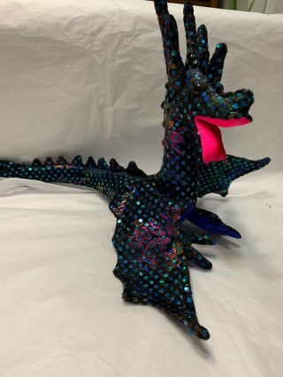Plush Dragon Blue Black 9” Tall 13” Long Cool Dragon
