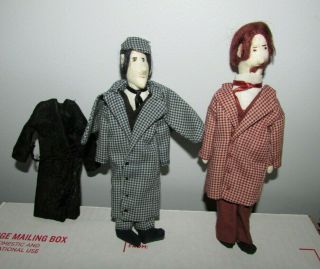 Vintage Sherlock Holmes & Dr Watson Homemade Cloth Rag Dolls 6.  5 " Figures