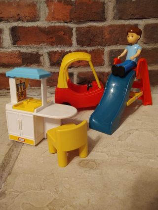 Vintage Little Tikes Person Slide Car Kitchen Table And Chair Dollhouse Furnitur