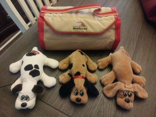 3 Vintage Pound Puppies Newborn With Carrier Cage Case 1985 Tonka