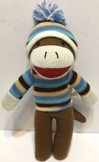 Dan Dee Sock Monkey Blue Stripe Sweater Stocking Hat Plush Stuffed Toy 12 " Euc