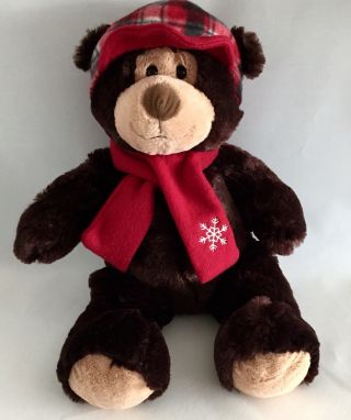 Hugfun Internationl Brown Teddy Bear Plush Hat Scarf Plaid Red Holiday Christmas